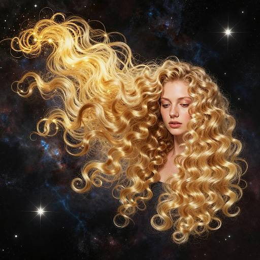 Woman with Long Curly Blonde Hair in Cosmic Space Background