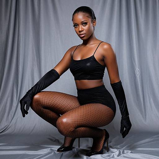Confident Woman in Black Fashion Outfit with Fishnet Stockings and Gloves