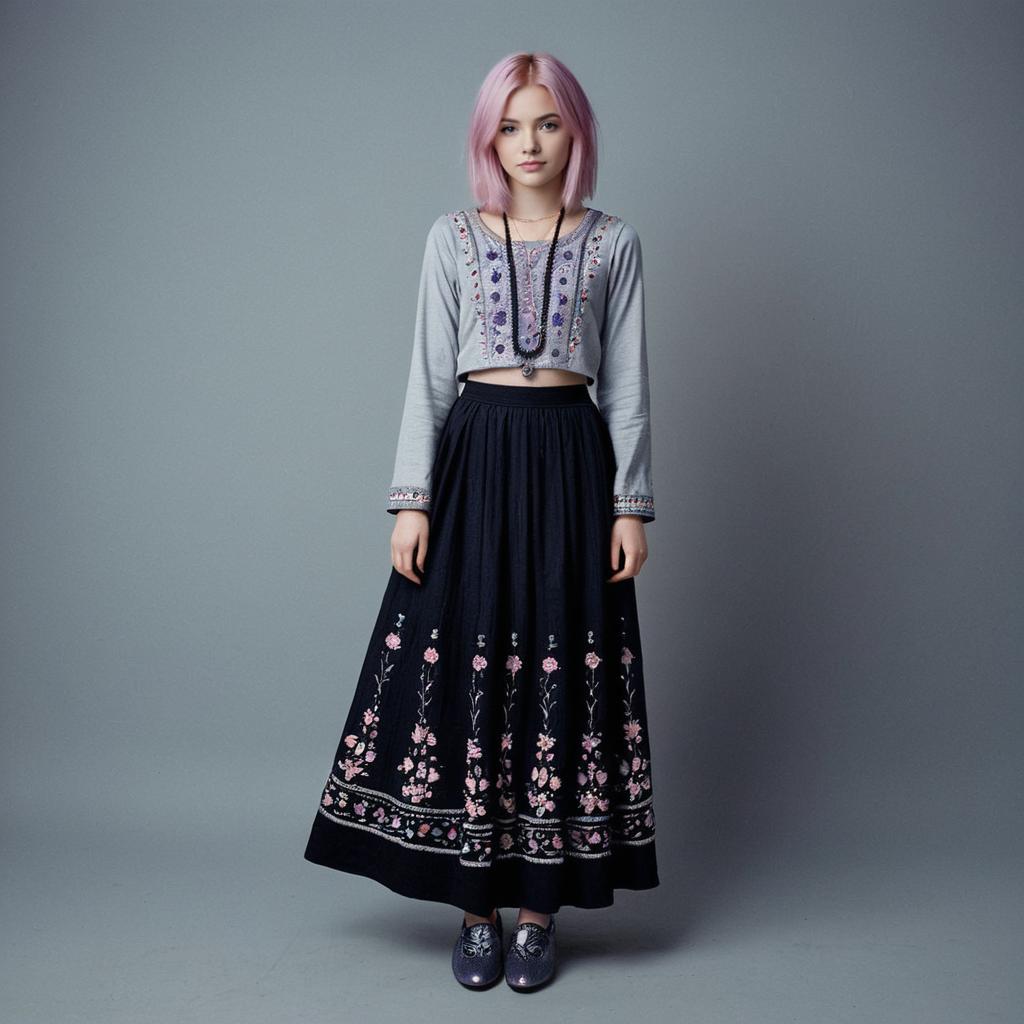 Young Woman in Bohemian Embroidered Cropped Top and Floral Maxi Skirt