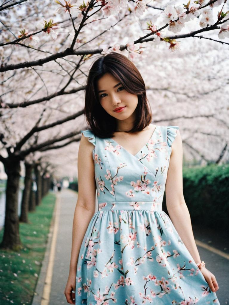 Young Woman in Blue Floral Dress Under Cherry Blossom Trees