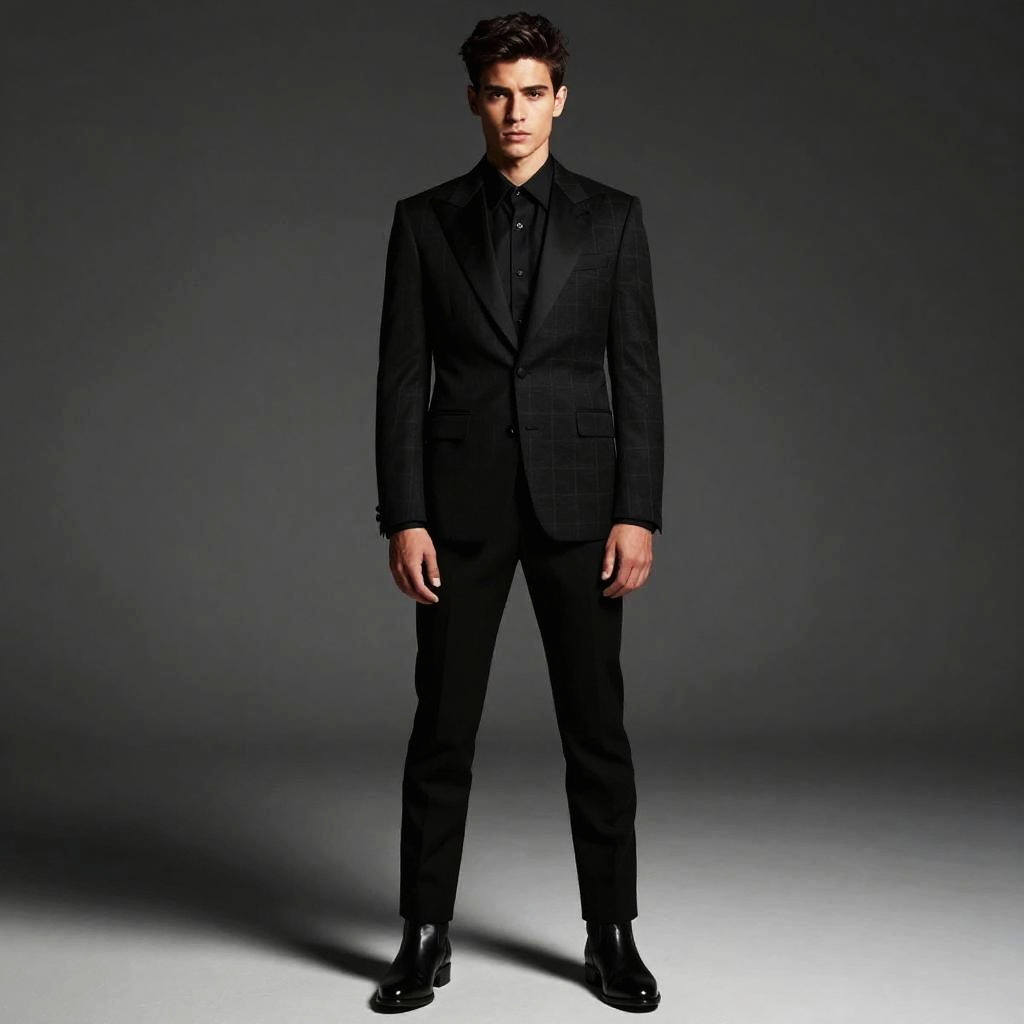 Young Man in Modern Black Tailored Suit with Checkered Pattern