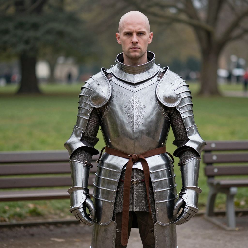 Man in Polished Medieval Armor Standing in Park