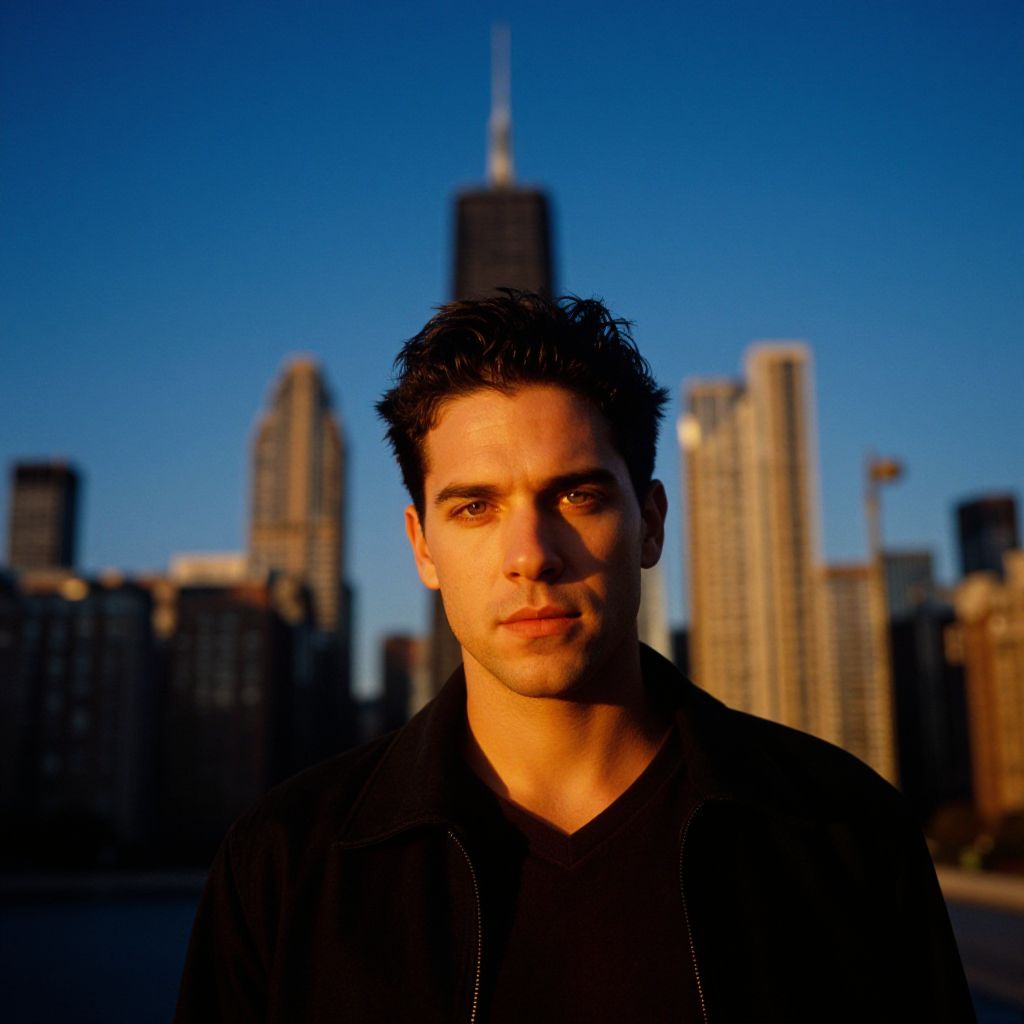 Portrait of Young Man Against City Skyline at Golden Hour
