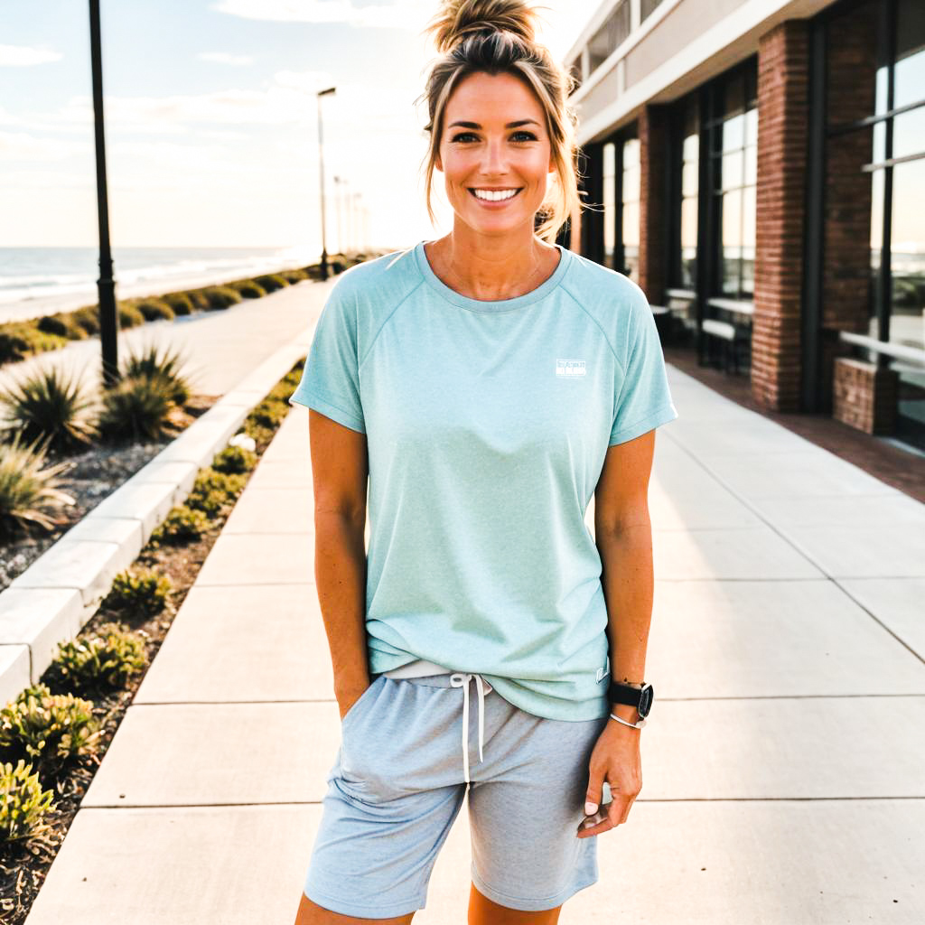 Cheerful woman in blue athletic outfit by waterfront