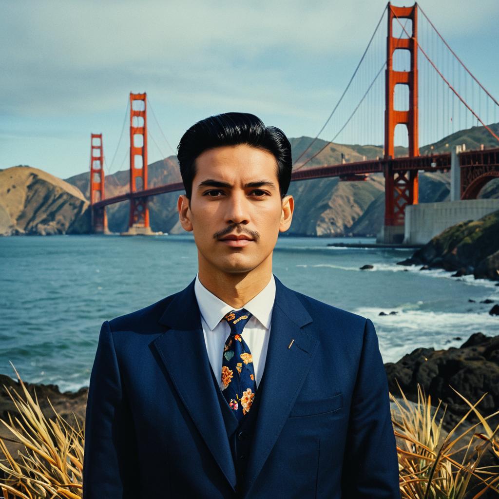 Man in Navy Suit with Floral Tie by Golden Gate Bridge San Francisco