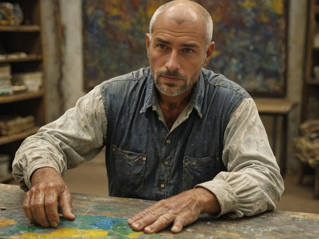 Mature man with beard at paint-splattered table