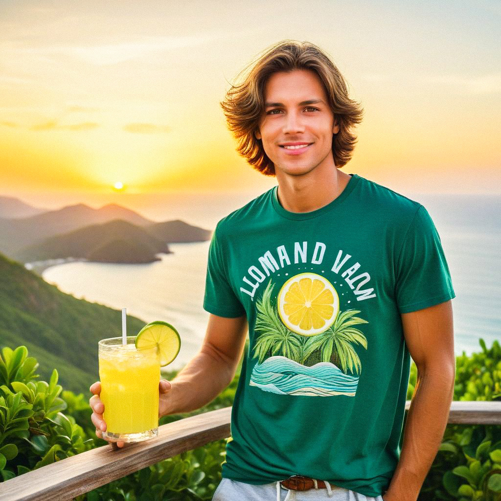 Cheerful Man with Yellow Drink at Scenic Beach Sunset Cheerful Man with Yellow Drink at Scenic Beach Sunset