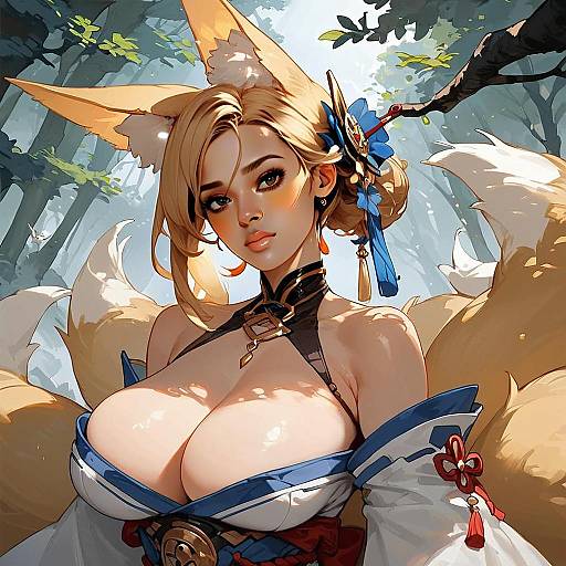Anime Style Fox Woman with Tails in Forest Digital Artwork