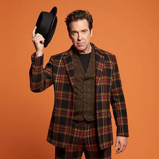 Man in Vintage Plaid Suit Holding Hat Against Orange Background