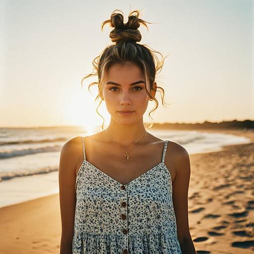 Young Woman with Top Knot Hairstyle on Beach at Sunset