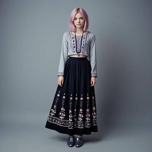 Young Woman in Bohemian Embroidered Cropped Top and Floral Maxi Skirt