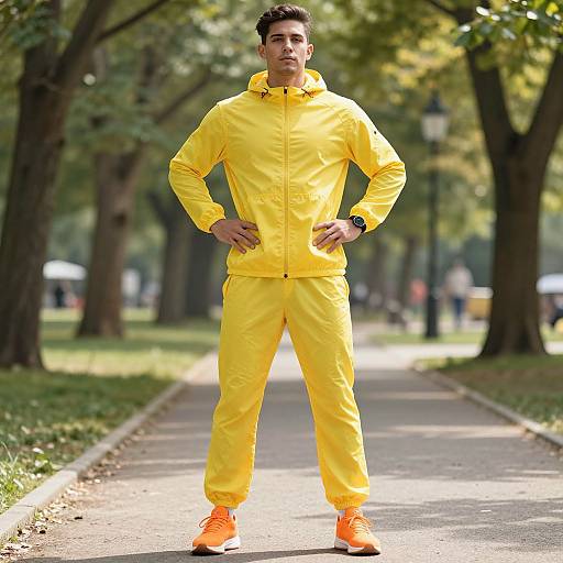 Man in Bright Yellow Tracksuit Standing on Park Pathway