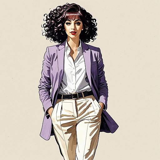 Stylish Woman in Lavender Blazer and Beige Trousers Digital Illustration
