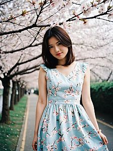 Young Woman in Blue Floral Dress Under Cherry Blossom Trees