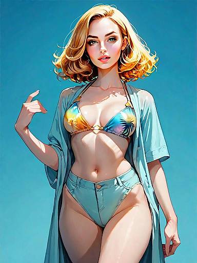 Realistic Woman in Tropical Print Bikini Triangle Top and Cheeky Cut Bottoms