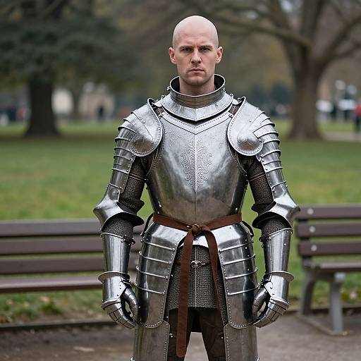 Man in Polished Medieval Armor Standing in Park