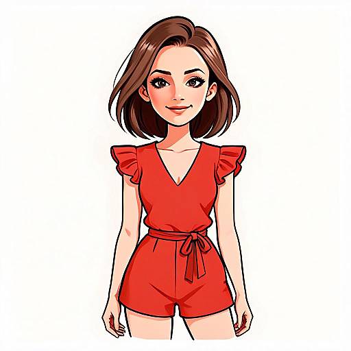 Chic Animated Woman in Red Romper with Ruffled Sleeves