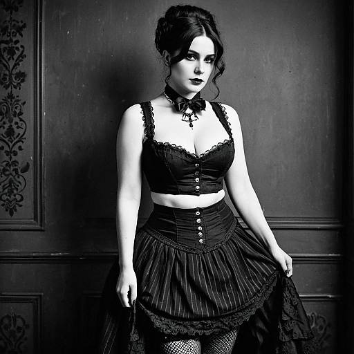 Vintage Gothic Woman in Corset and Skirt Black and White Portrait