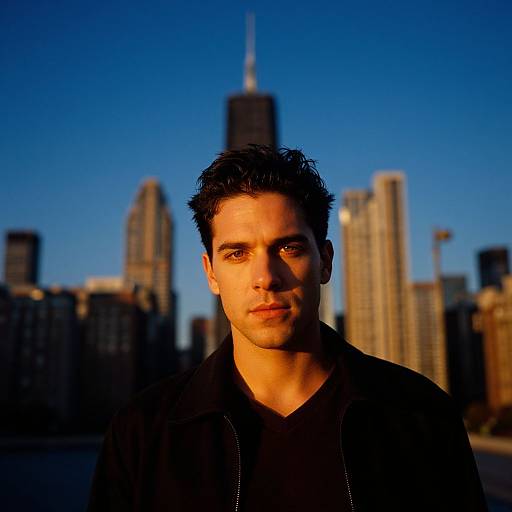 Portrait of Young Man Against City Skyline at Golden Hour