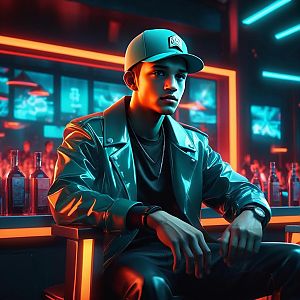 Confident Young Man in Trendy Bar with Neon Lights