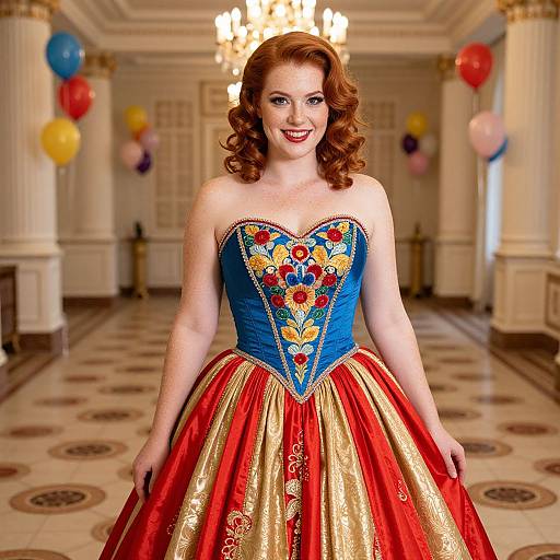 Red Haired Woman in Embroidered Ball Gown in Elegant Hall