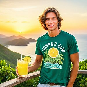 Cheerful Man with Yellow Drink at Scenic Beach Sunset