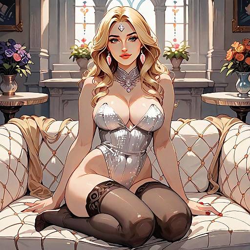 Blonde Woman in Silver Corset Sitting on Luxury Sofa Digital Art