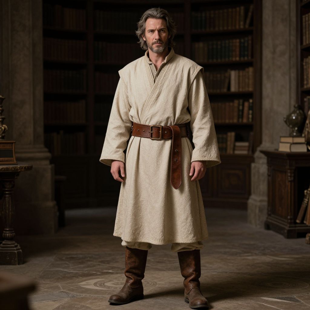 Medieval Man in Beige Robe and Leather Boots in Historic Library