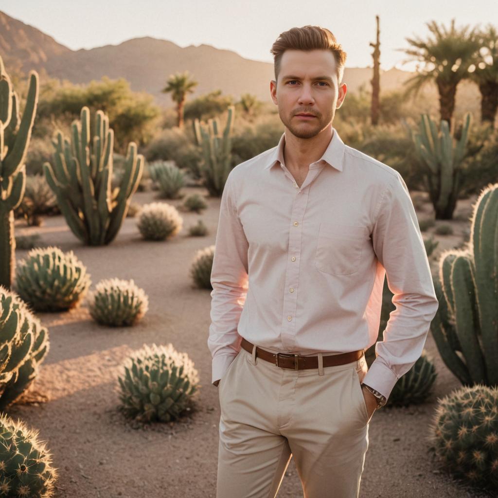 Stylish Man in Desert with Cacti