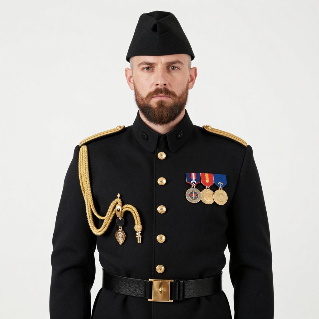 Man in Formal Military Uniform with Medals and Gold Accents