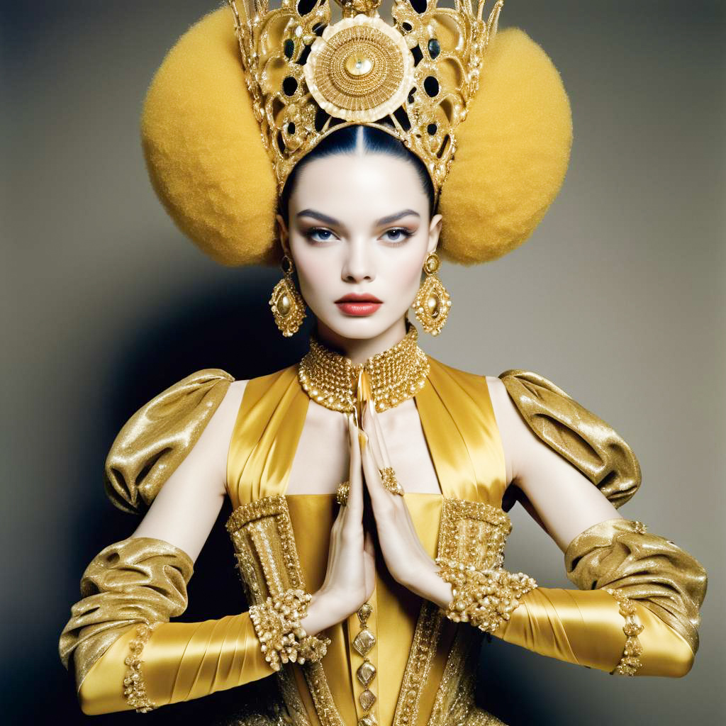 Woman in Ornate Golden Costume with Yellow Accessories