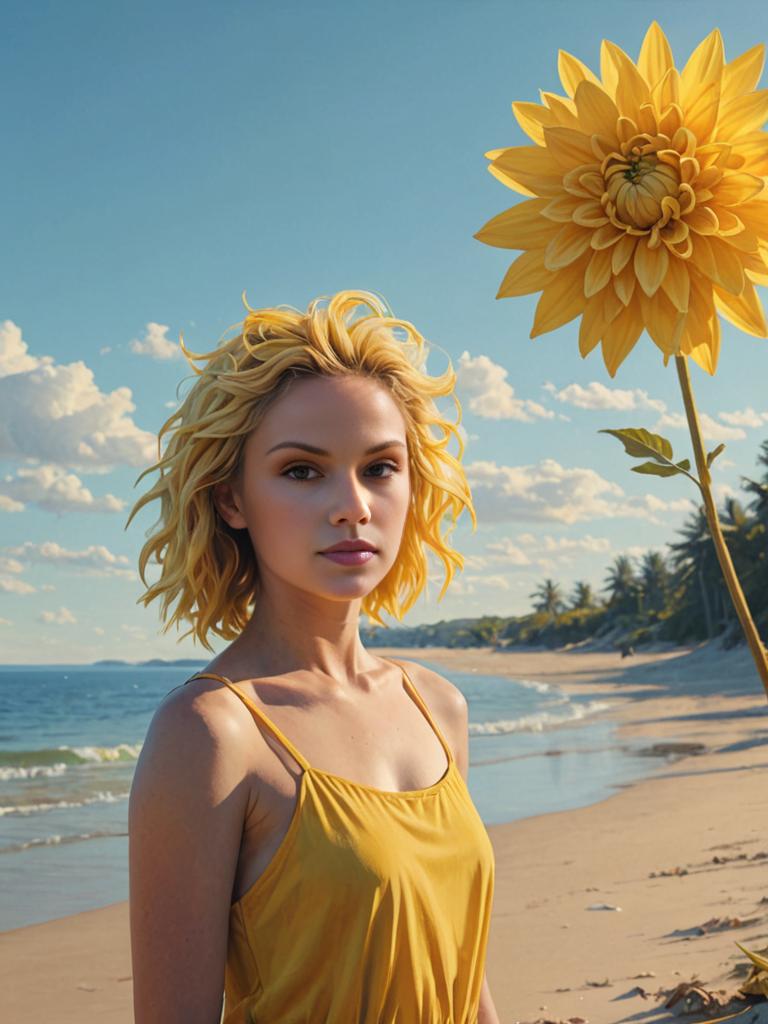 Surreal Portrait of Woman with Dahlia Flower Head