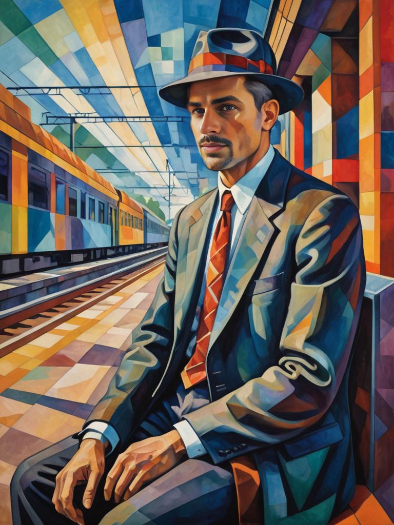 Cubist Man in Suit at Vibrant Train Station