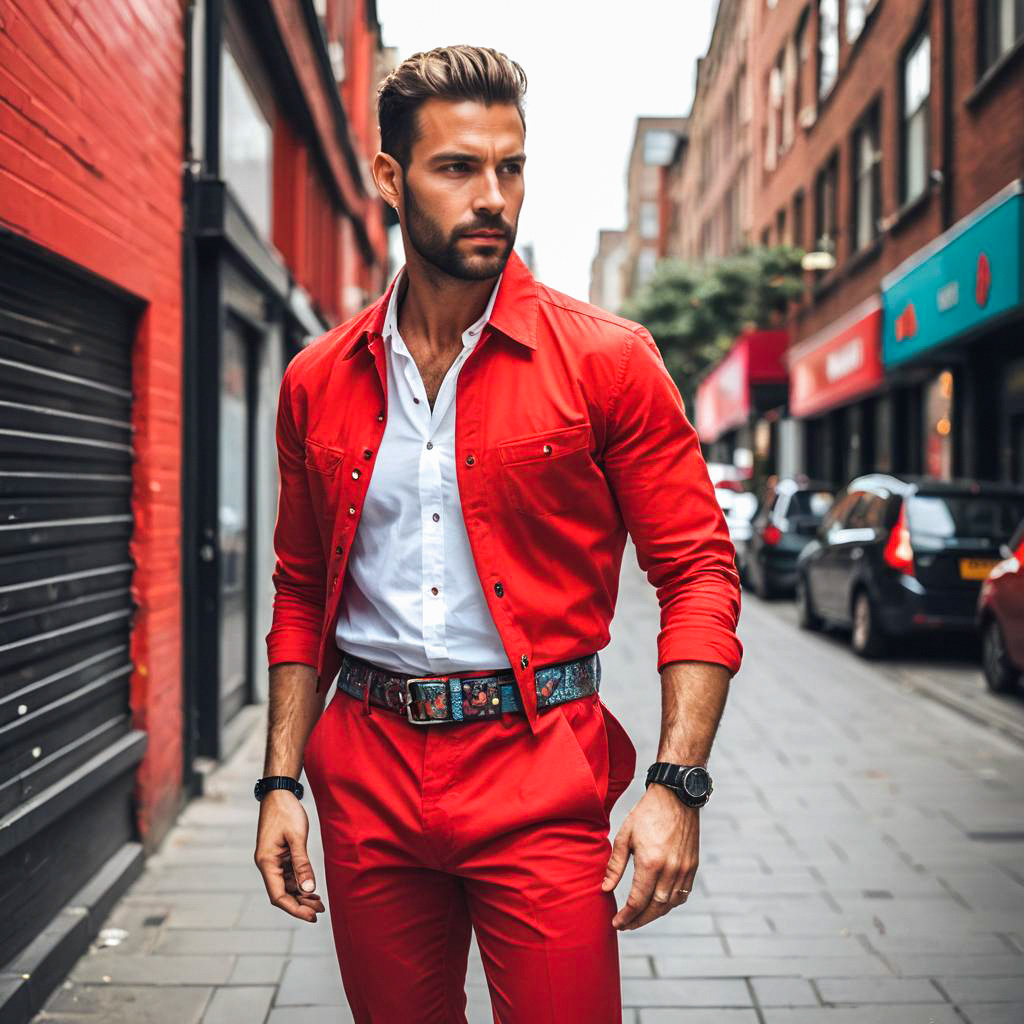 Stylish Man in Red Outfit on Urban Street