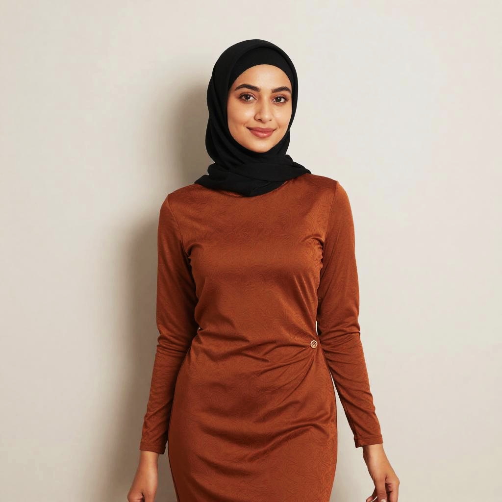 Elegant Woman Wearing Black Hijab and Rust-Colored Modest Dress