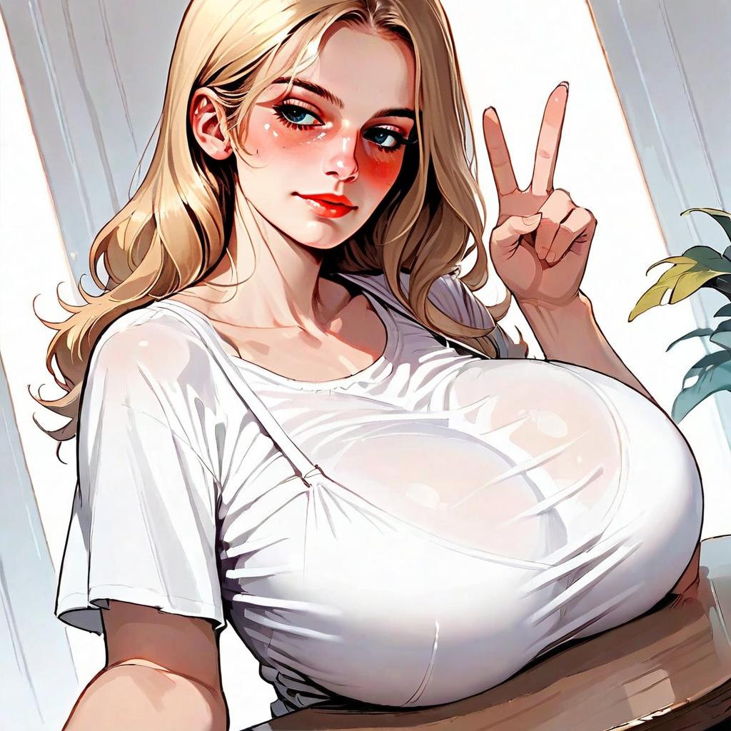 Anime Style Blonde Woman Peace Sign Digital Art