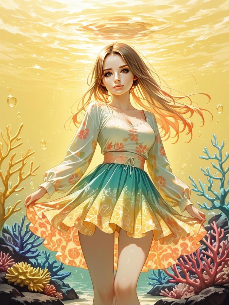 Realistic Digital Art of Woman in Long Sleeve Tropical Print Swimsuit Underwater