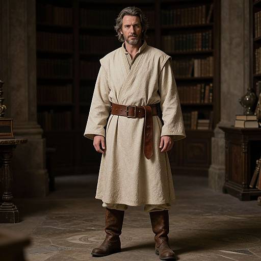 Medieval Man in Beige Robe and Leather Boots in Historic Library