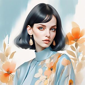 Digital Portrait of Woman with Chic Bob and Floral Elements