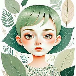 Young Woman with Green Hair and Leaves