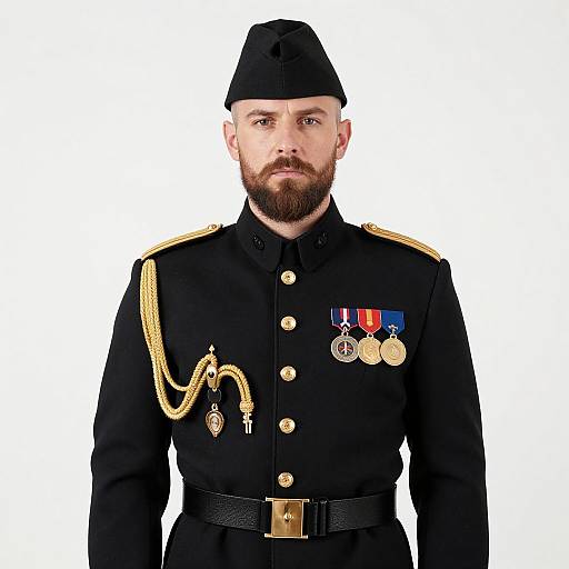 Man in Formal Military Uniform with Medals and Gold Accents