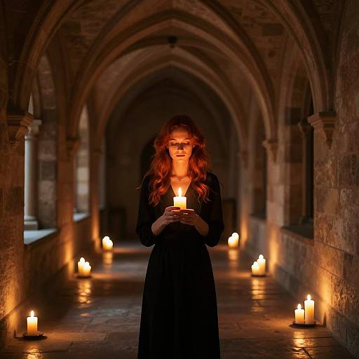 Woman Holding Candle in Gothic Stone Corridor with Candlelight Ambience