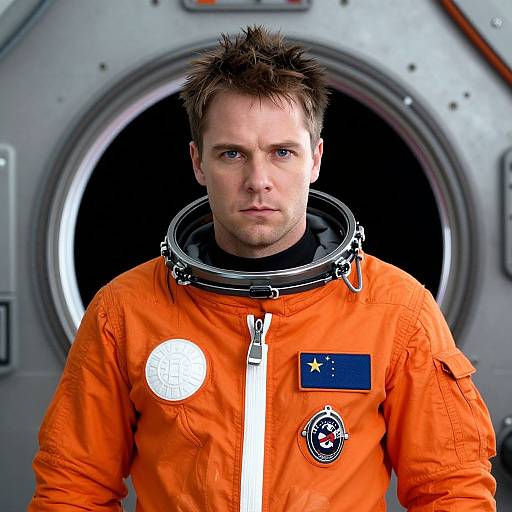 Man Wearing Orange Astronaut Suit in Spacecraft Entrance