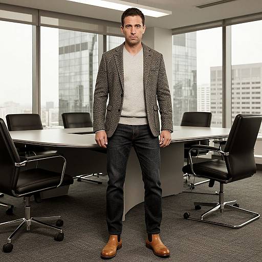 Confident Man in Casual Blazer in Modern Office Conference Room