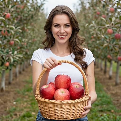 Happy Woman Holding Basket of Red Apples in Orchard
