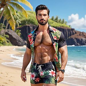 Muscular Man in Floral Beachwear on Tropical Shore