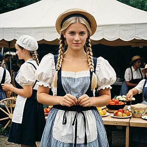 Young Woman in Bavarian Dirndl at Market Stall