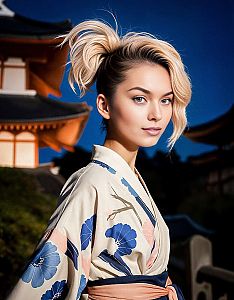 Woman in Kimono at Temple Dusk