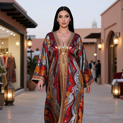 Woman Wearing Traditional Red and Gold Kaftan in Outdoor Setting