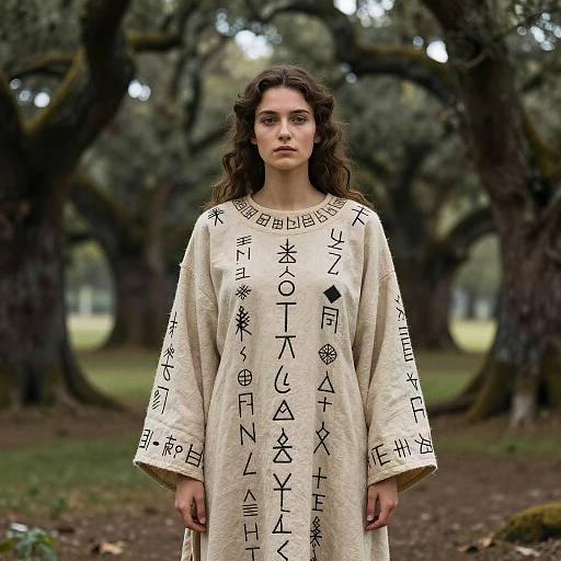 Young Woman Wearing Symbolic Patterned Robe in Forest Outdoors
